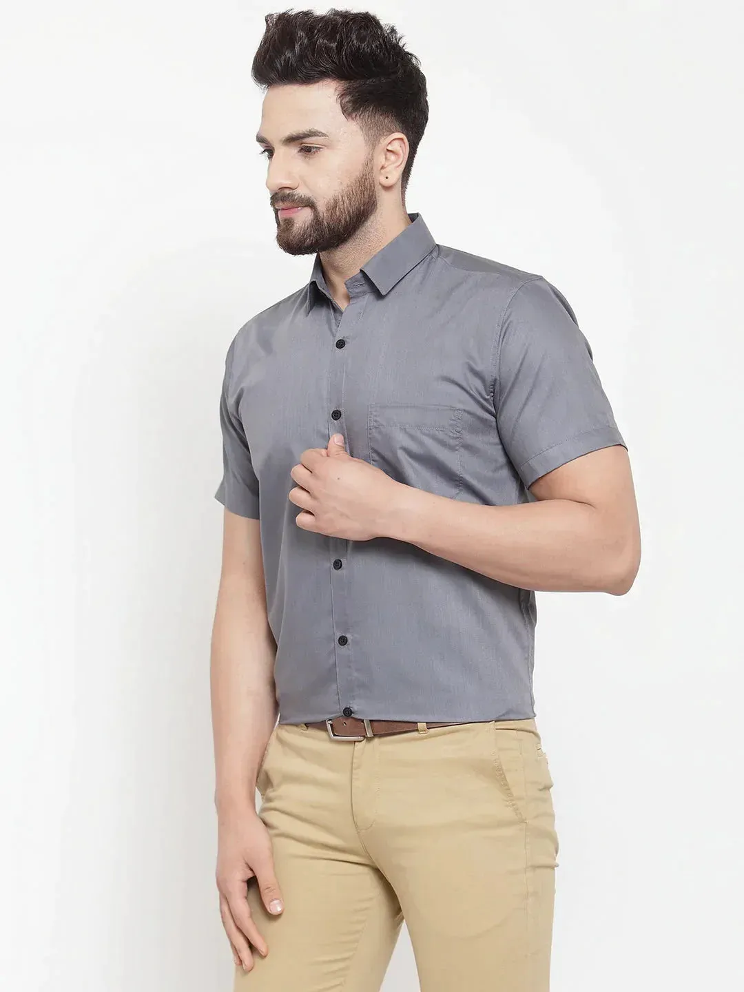 Men's Grey Cotton Half Sleeves Solid Formal Shirts - Taantav