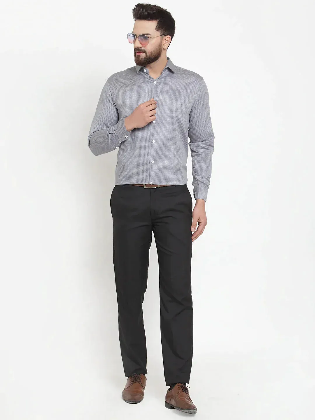 Men's Grey Cotton Polka Dots Formal Shirts - Taantav