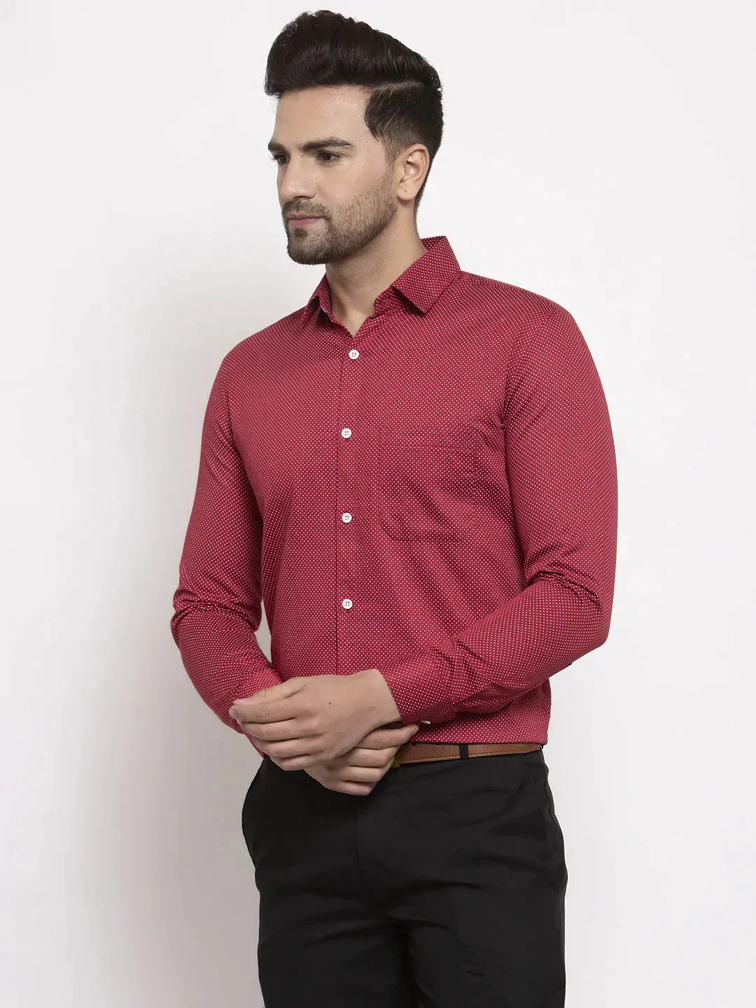 Men's Maroon Cotton Polka Dots Formal Shirts - Taantav