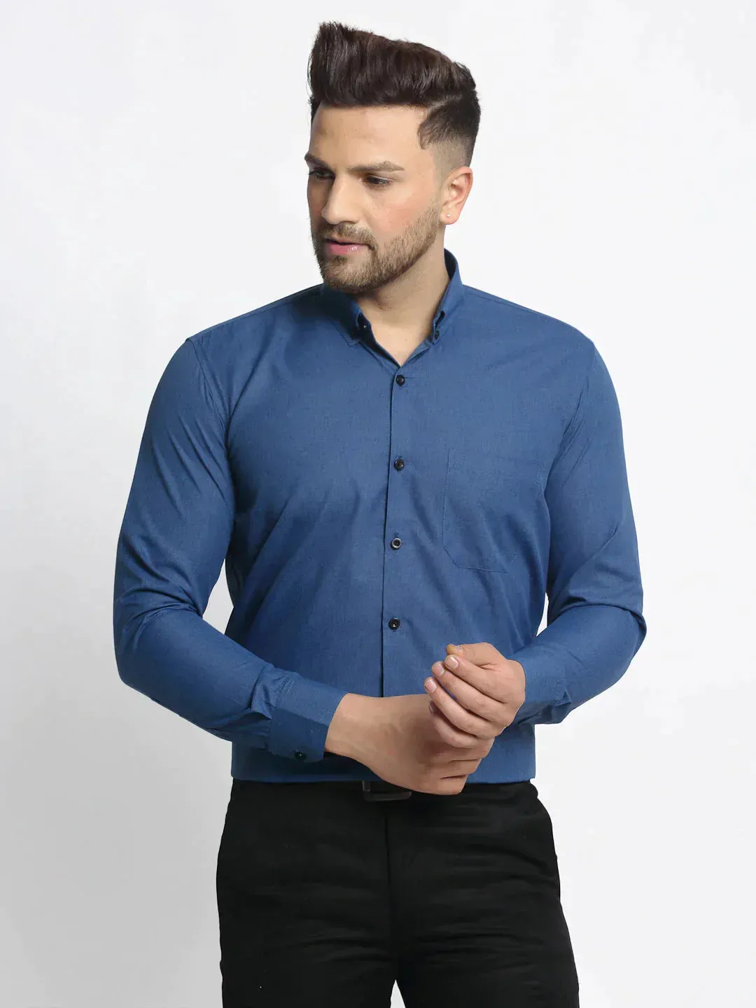 Men's Navy Cotton Solid Button Down Formal Shirts - Taantav