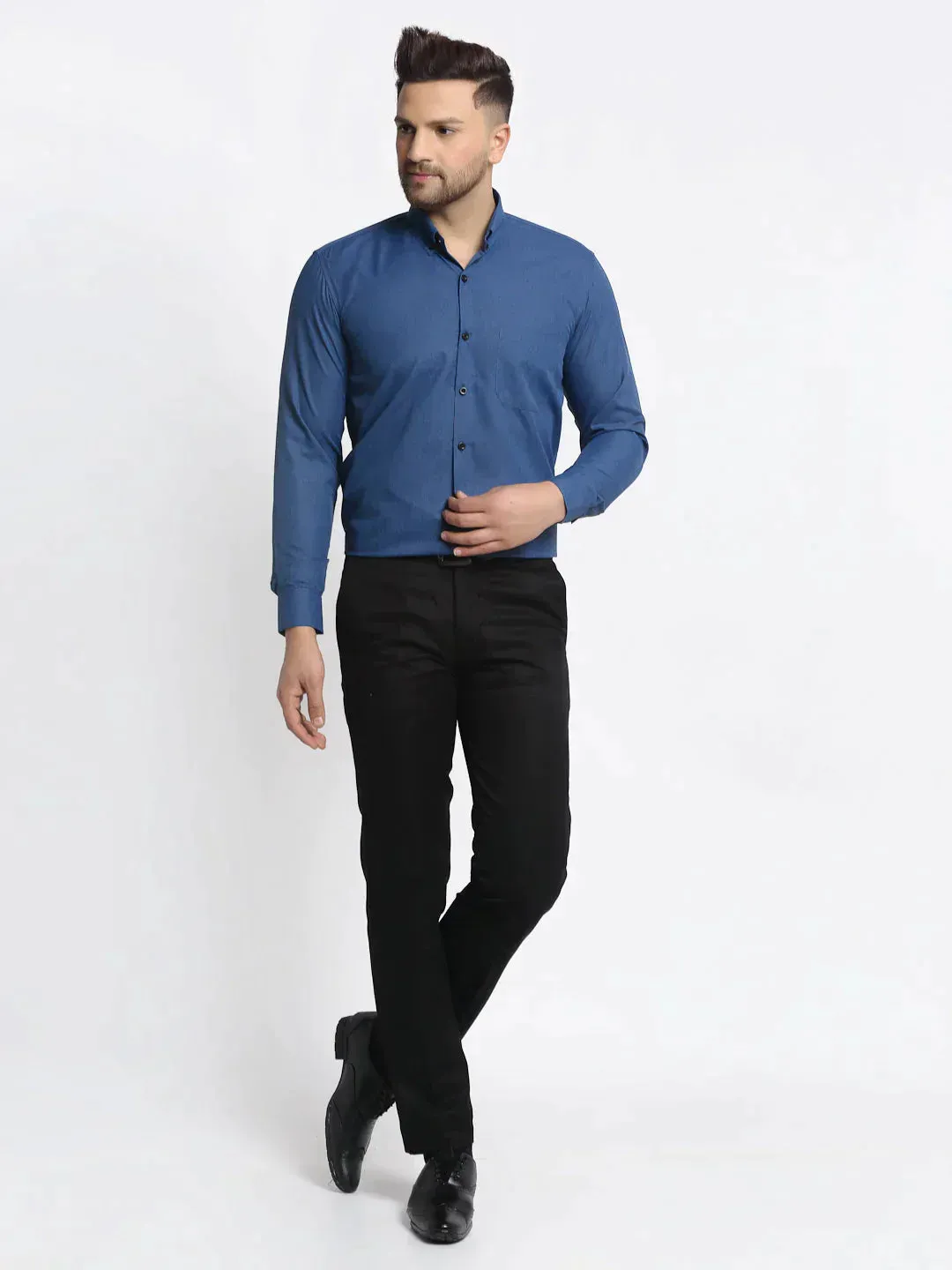 Men's Navy Cotton Solid Button Down Formal Shirts - Taantav