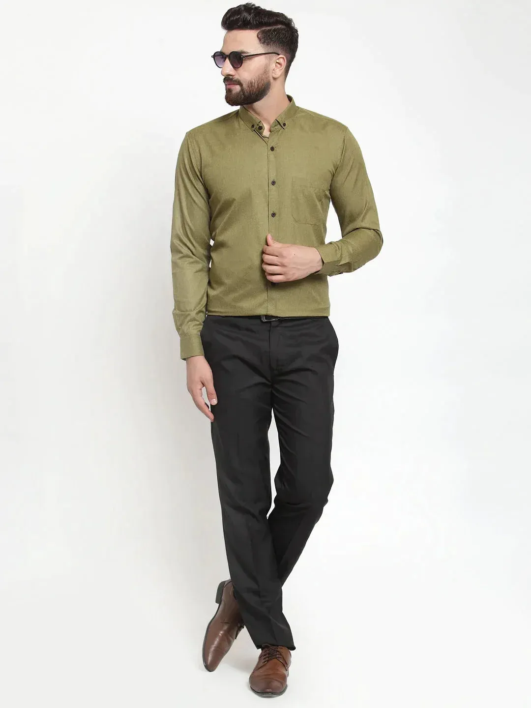 Men's Olive Cotton Solid Button Down Formal Shirts - Taantav