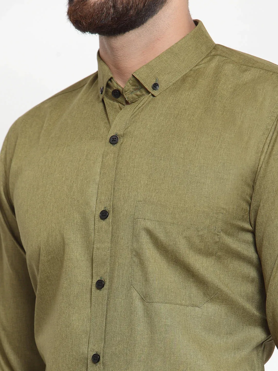 Men's Olive Cotton Solid Button Down Formal Shirts - Taantav