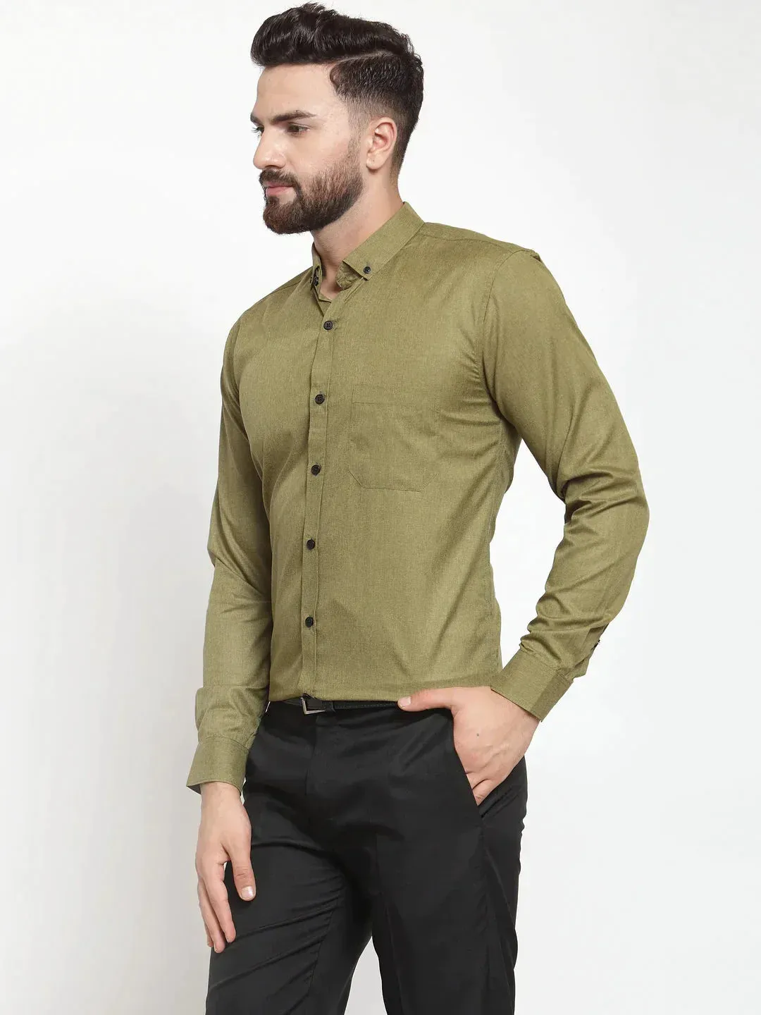 Men's Olive Cotton Solid Button Down Formal Shirts - Taantav