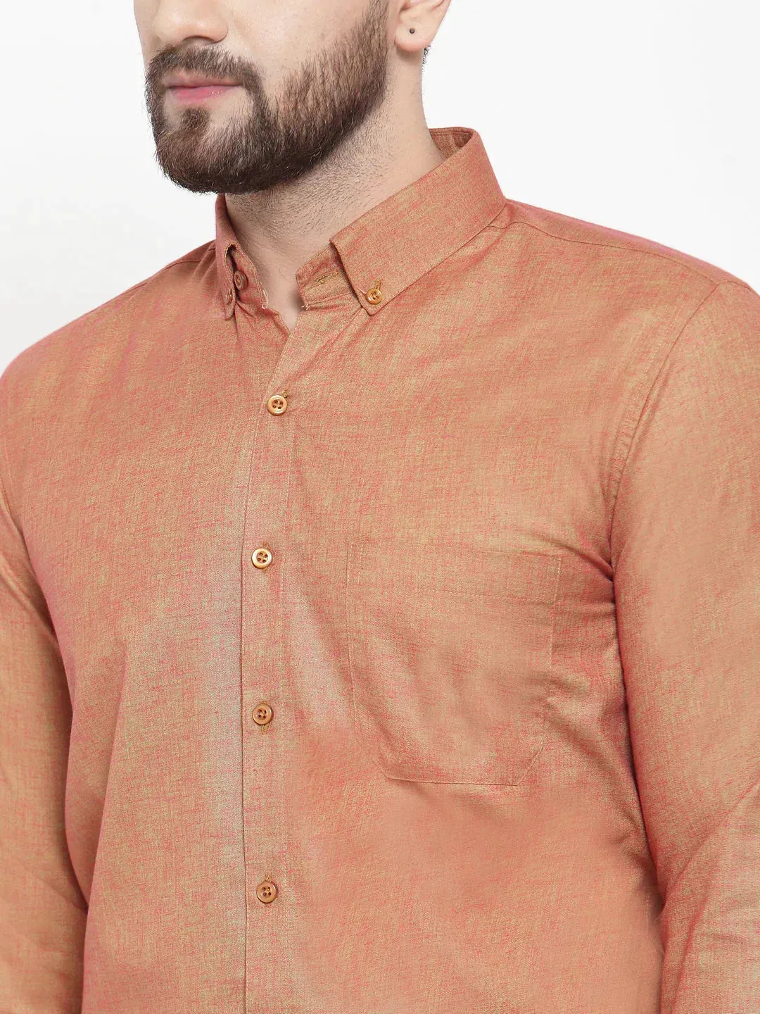 Men's Orange Cotton Solid Button Down Formal Shirts - Taantav