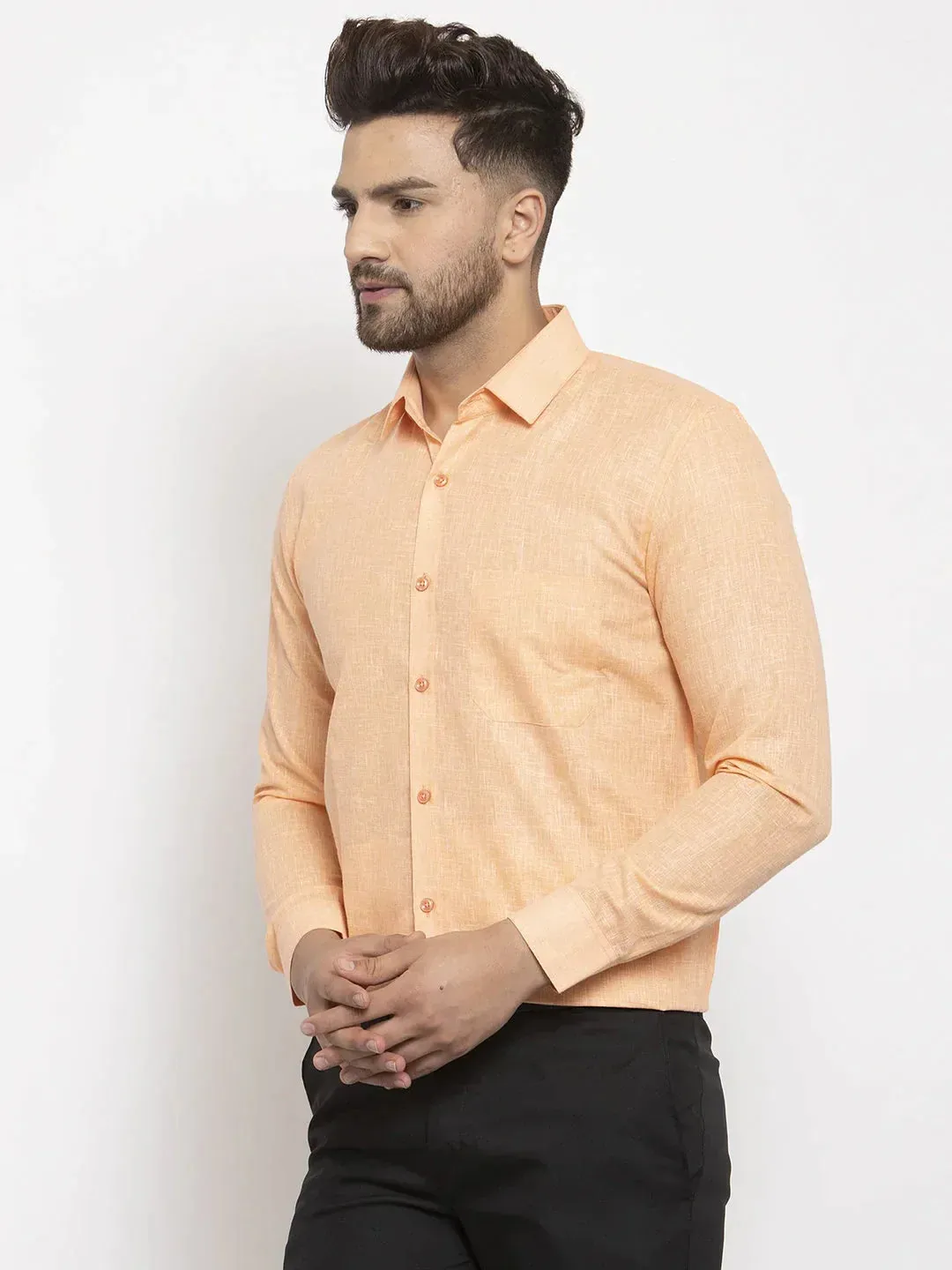 Men's Orange Dobby Solid Formal Shirts - Taantav