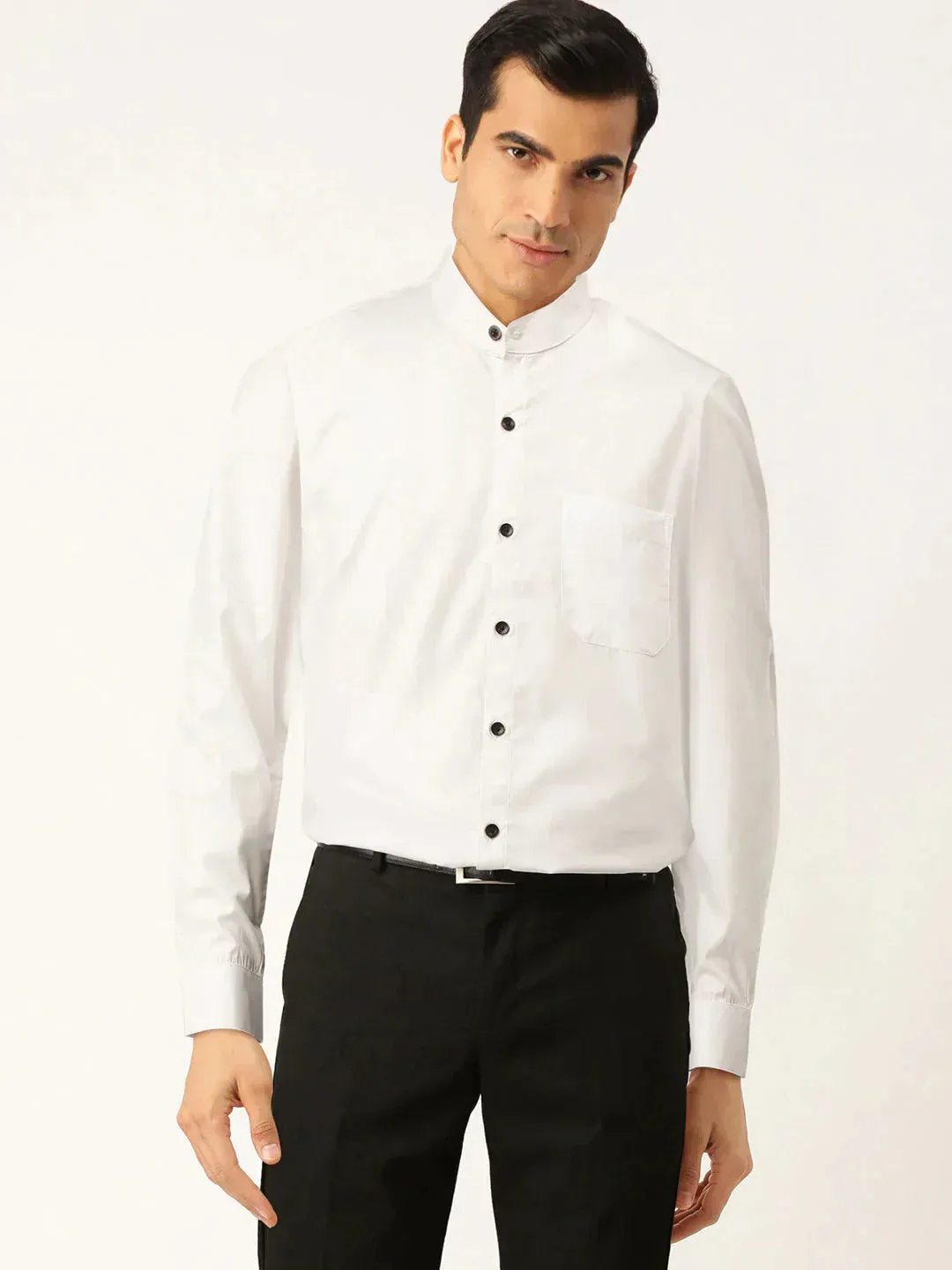 Men's White Cotton Solid Mandarin Collar Formal Shirts - Taantav