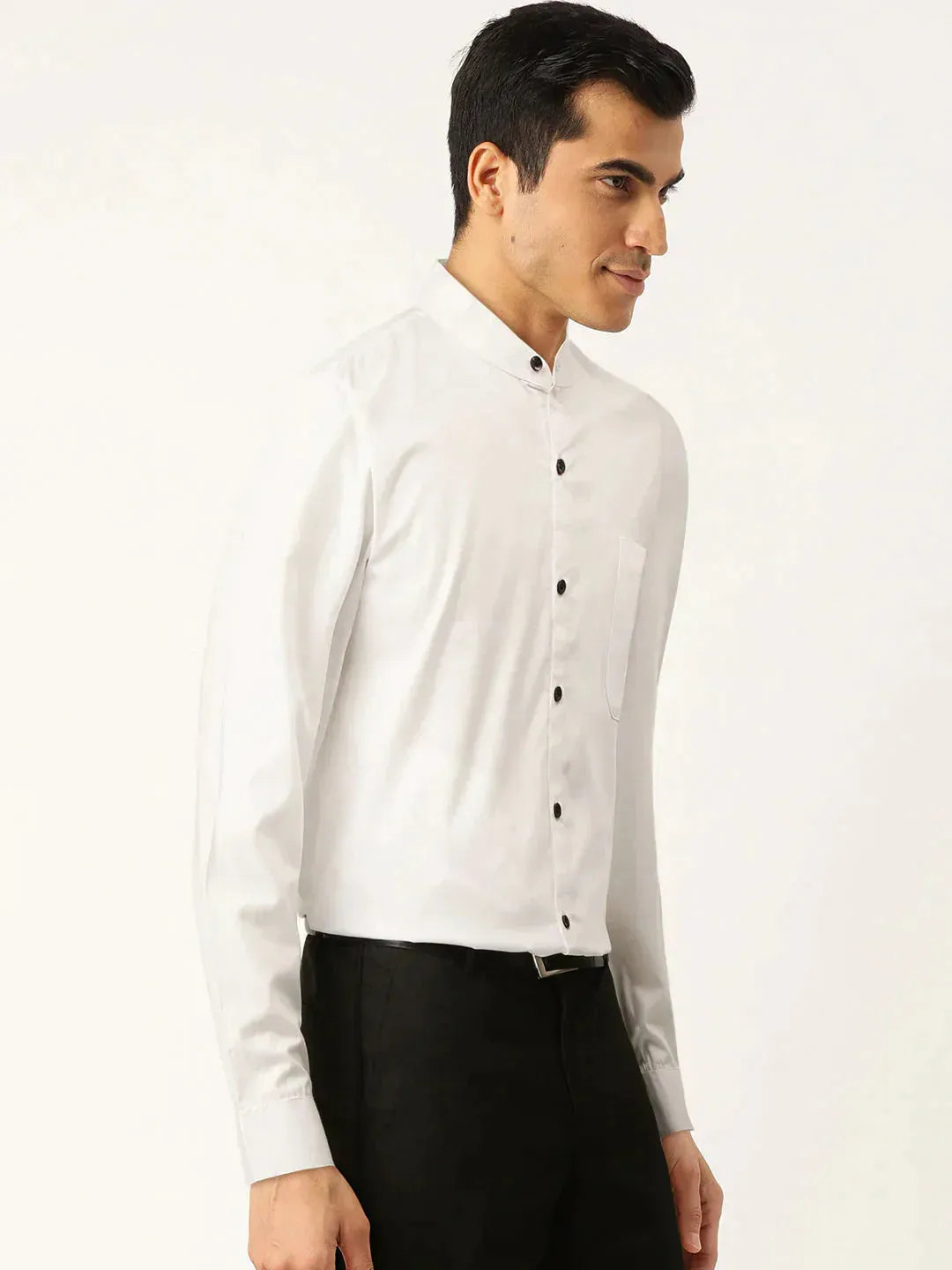 Men's White Cotton Solid Mandarin Collar Formal Shirts - Taantav