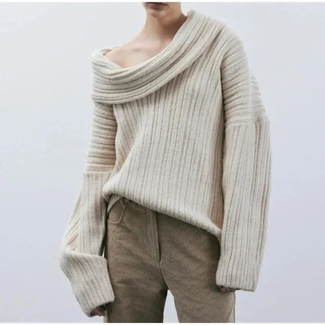 Off Shoulders Knitted Sweater Women’s Loose Solid Fashion Long Sleeve Pullover High Street Knitwear Sweaters Femme Spring