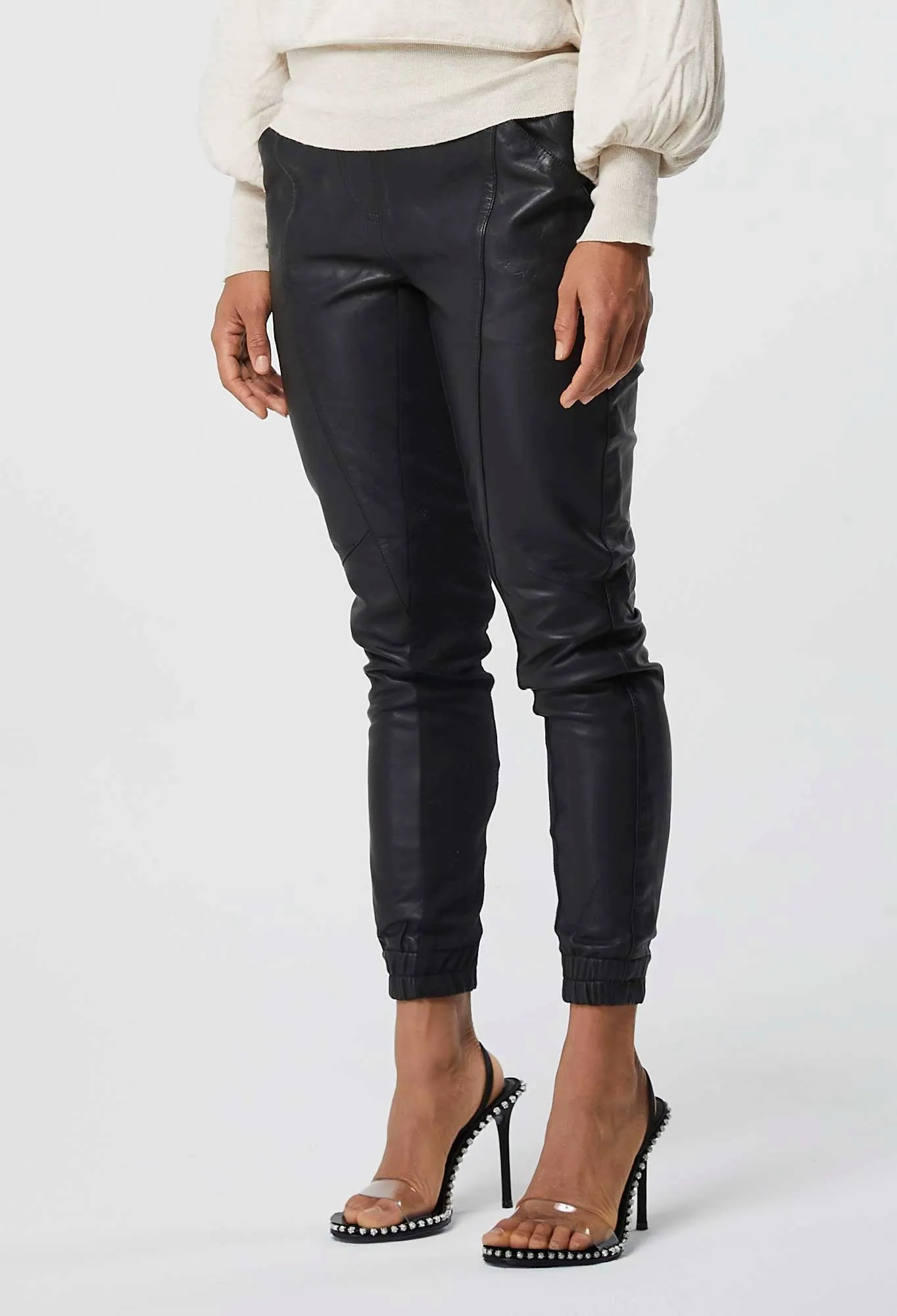 ONCE WAS MONTAIGNE RELAXED LEATHER PANT WITH ELASTIC CUFF IN BLACK