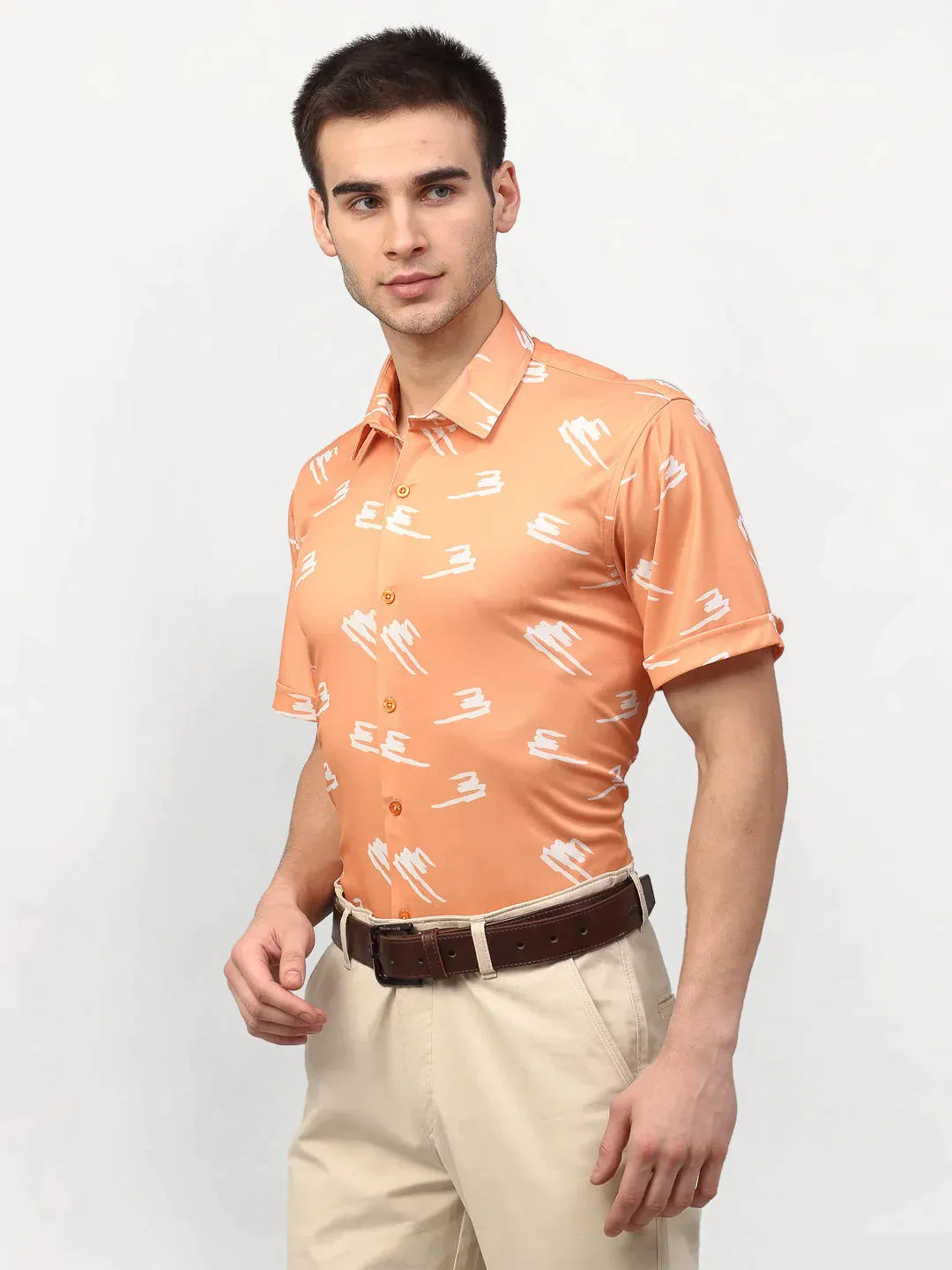 Peach Men'S Printed Lycra Half Sleevess Formal Shirts