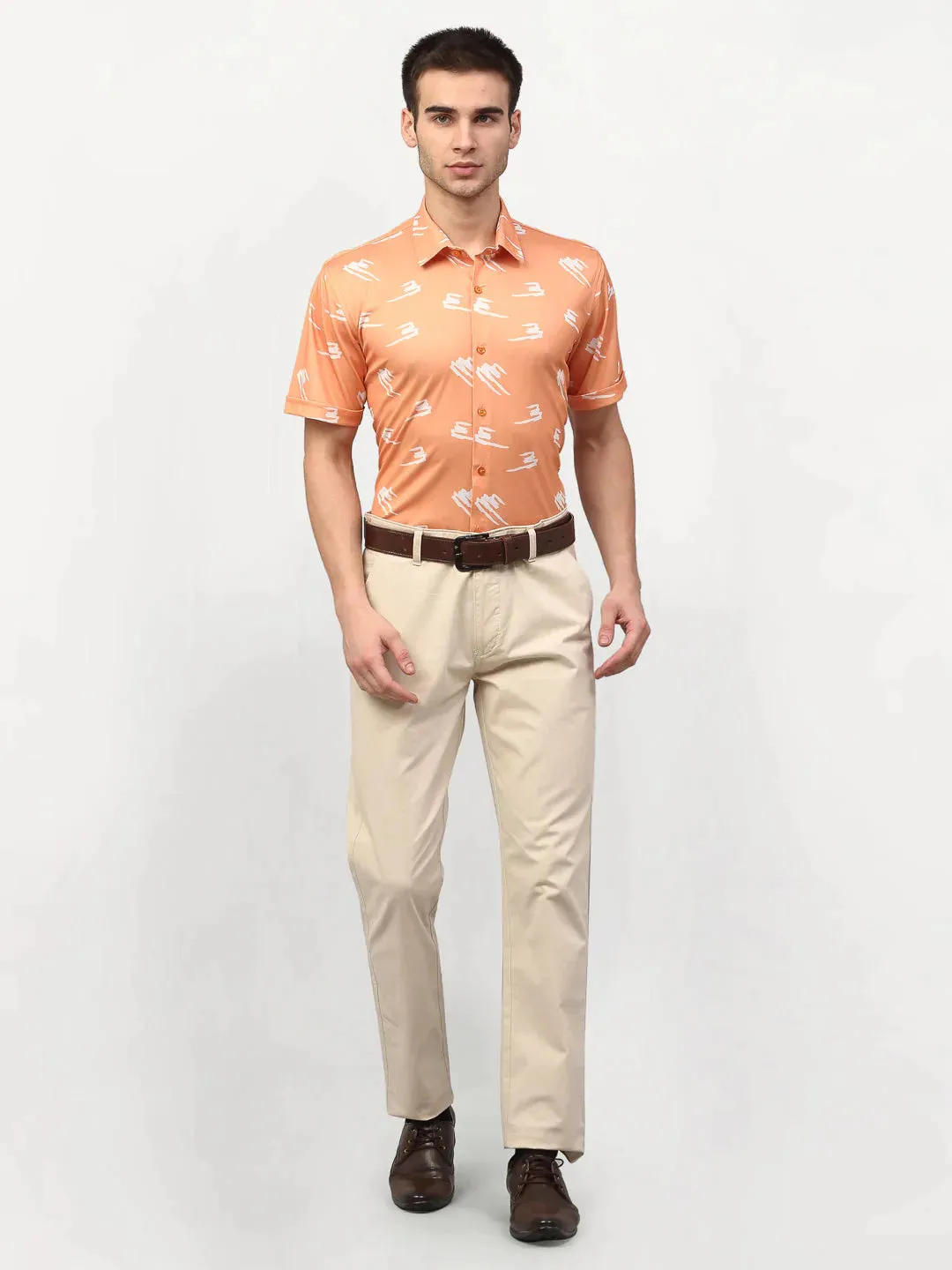 Peach Men'S Printed Lycra Half Sleevess Formal Shirts