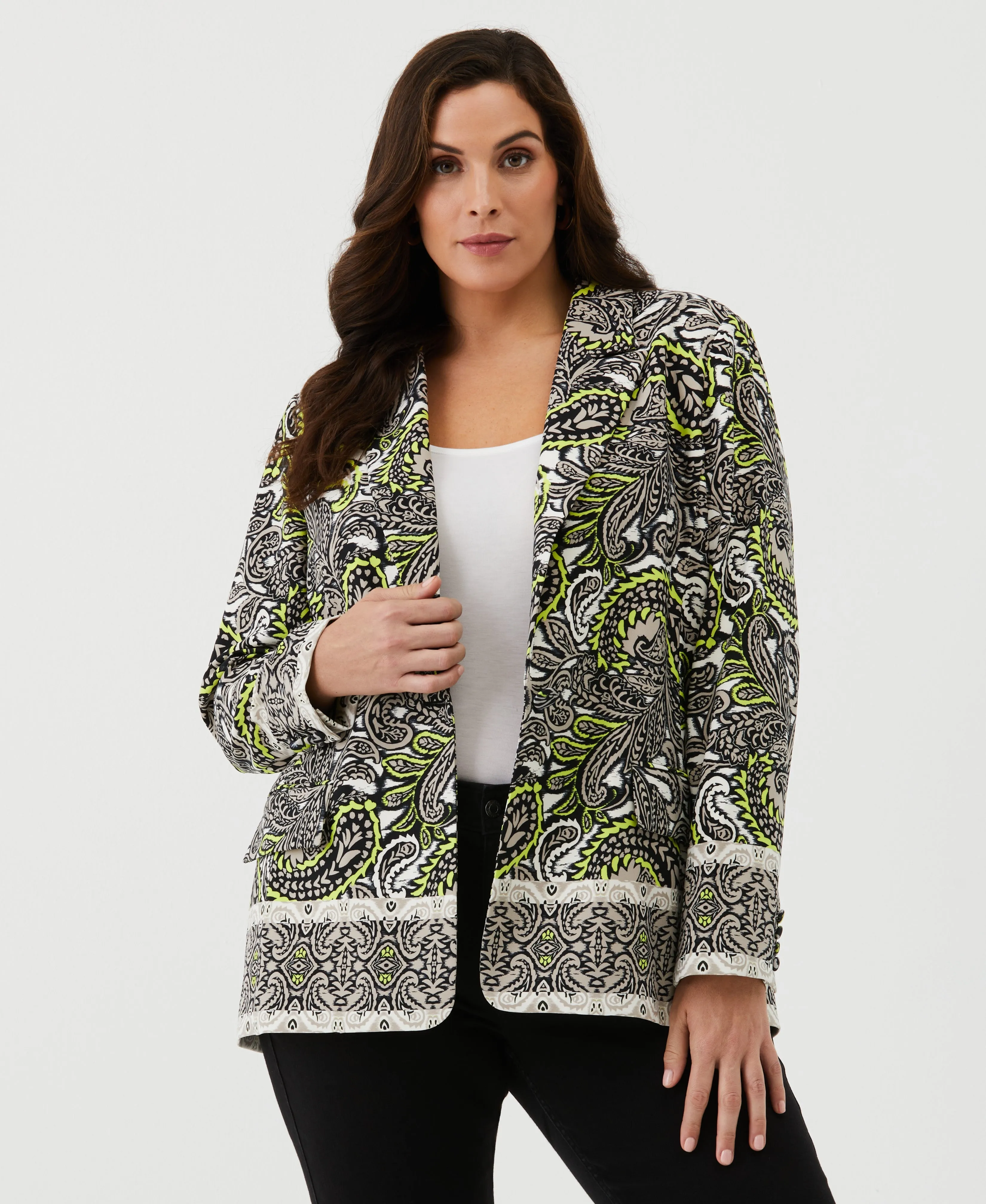 Plus Size Unlined Paisley Print Single Breasted Blazer