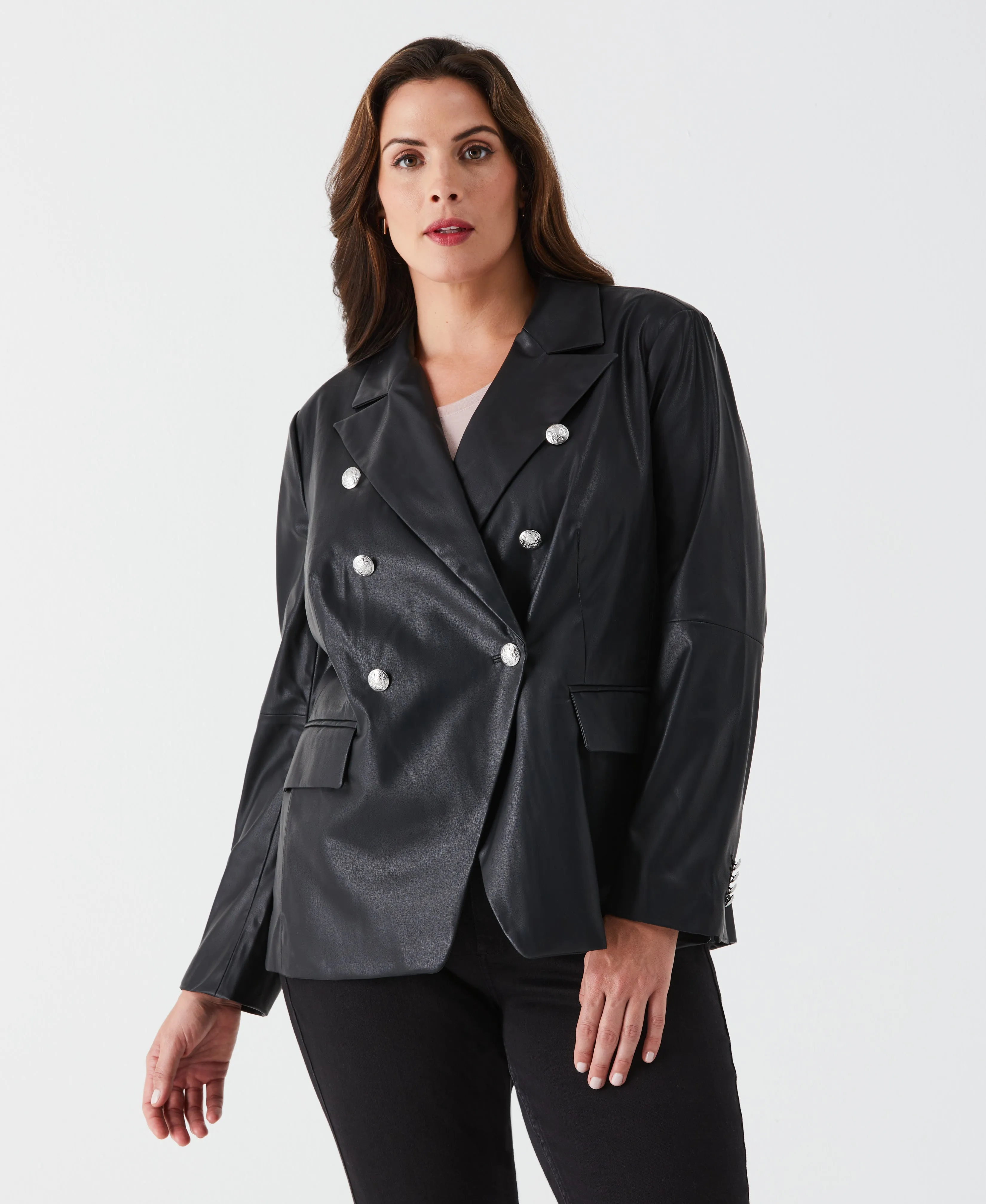 Plus Size Vegan Leather Double Breasted Blazer