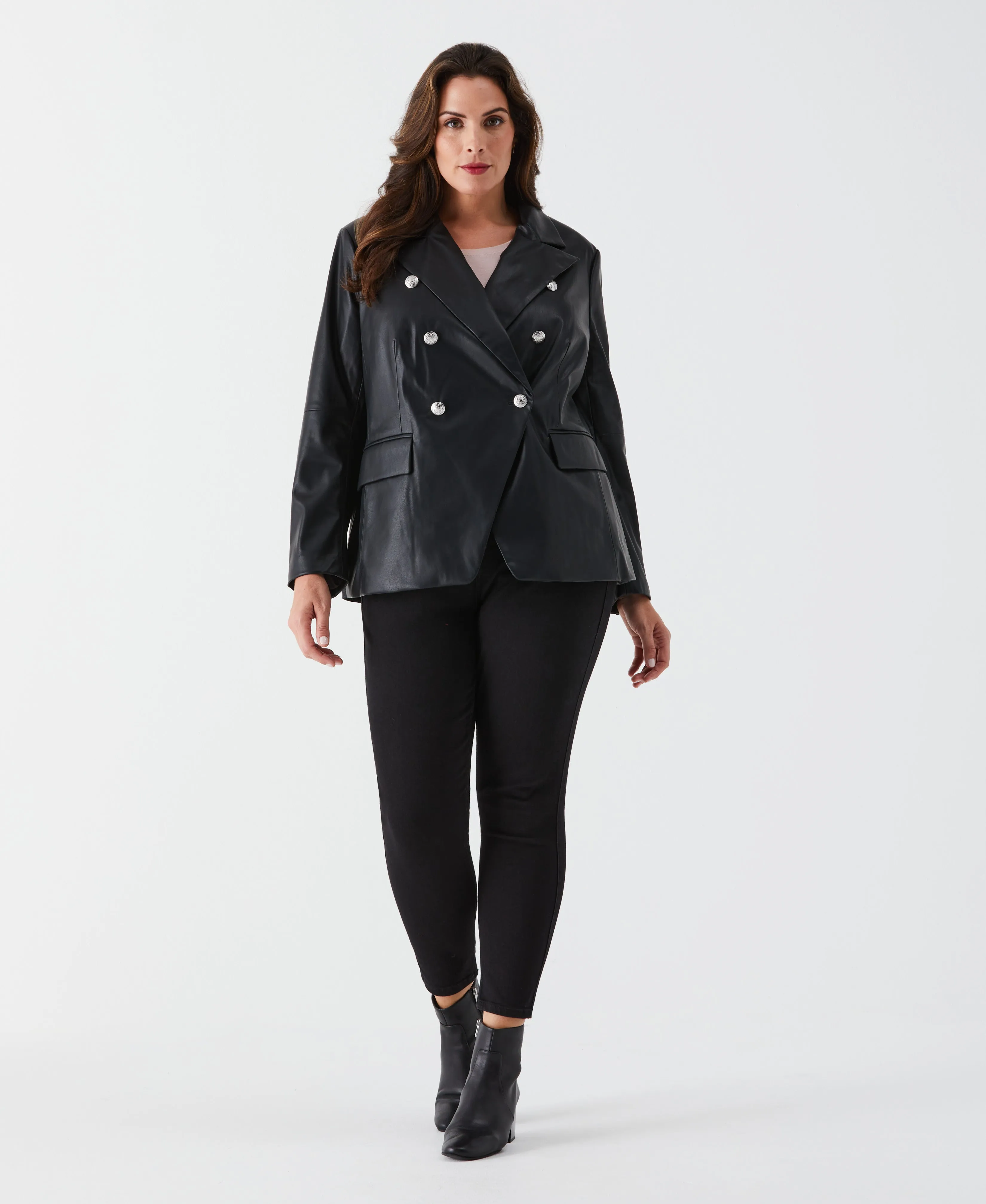 Plus Size Vegan Leather Double Breasted Blazer