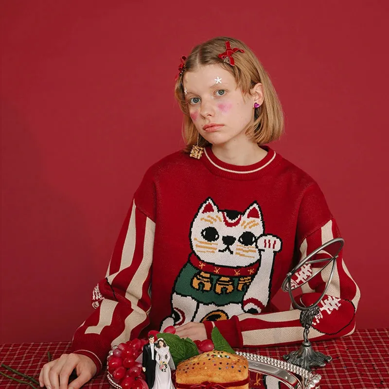 Retro Lucky Cat Red Cotton Christmas Sweater