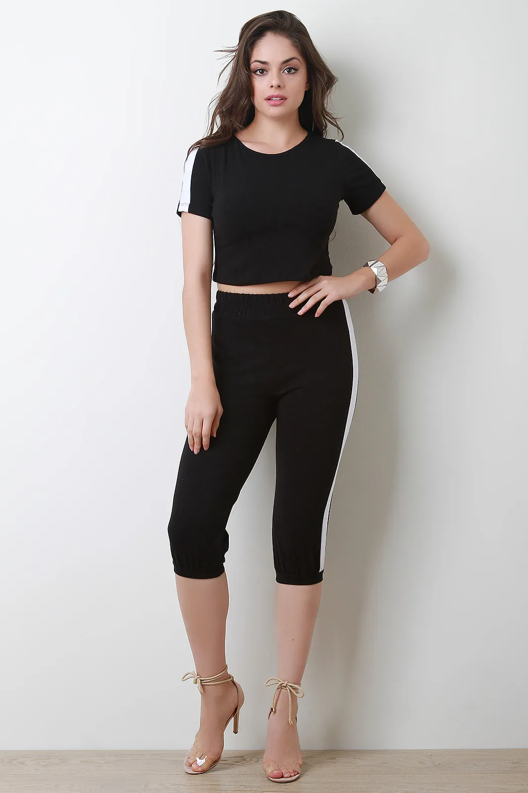 Side Stripe Knit Capri Jogger Pants