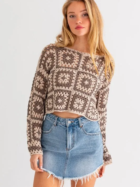 Squared Style Long Sleever Crochet Sweater Top