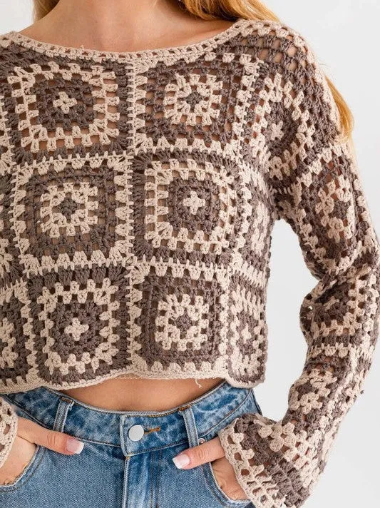 Squared Style Long Sleever Crochet Sweater Top