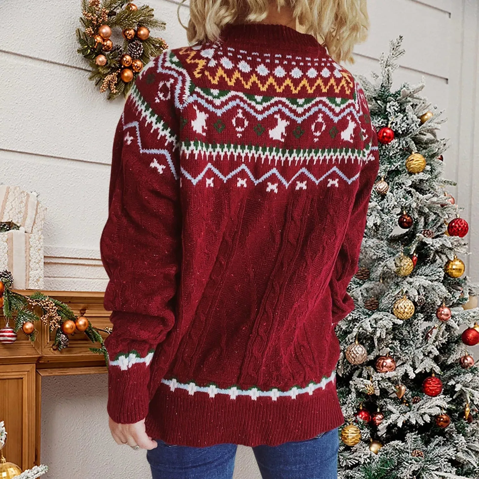 Striped Long Sleeve Jacquard O-Neck Loose Christmas Sweater