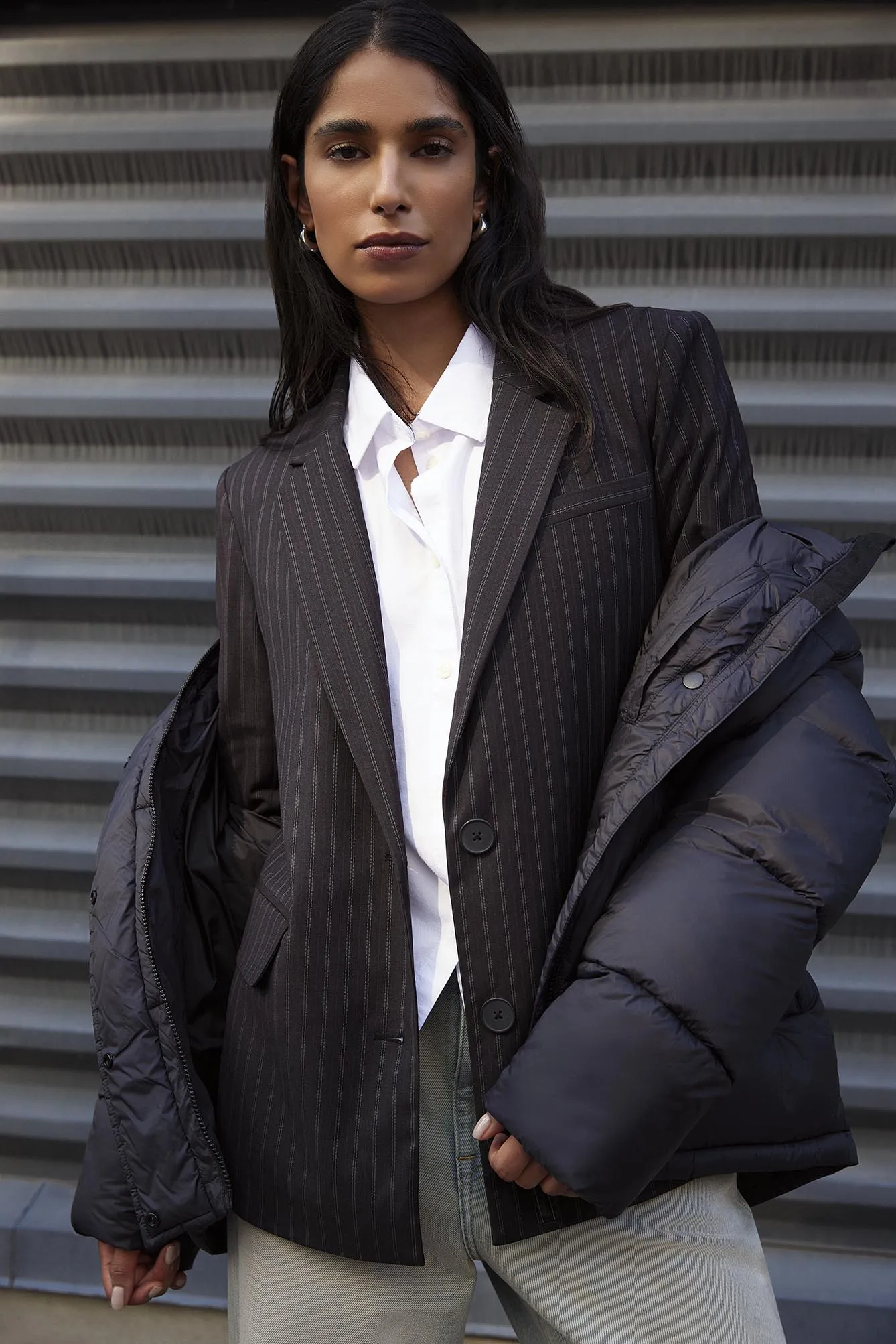 The Striped 2-Button Blazer in Charcoal Grey