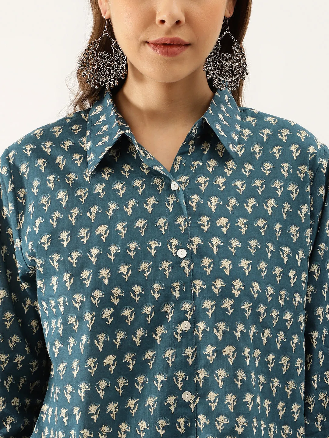 Turquoise Blue Ethnic Motif Printed Casual Women Shirts