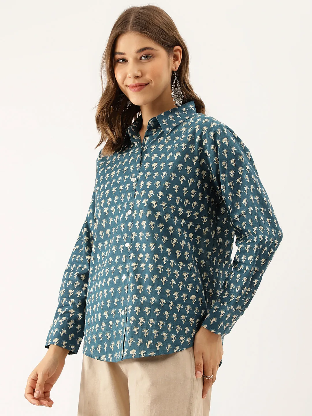 Turquoise Blue Ethnic Motif Printed Casual Women Shirts