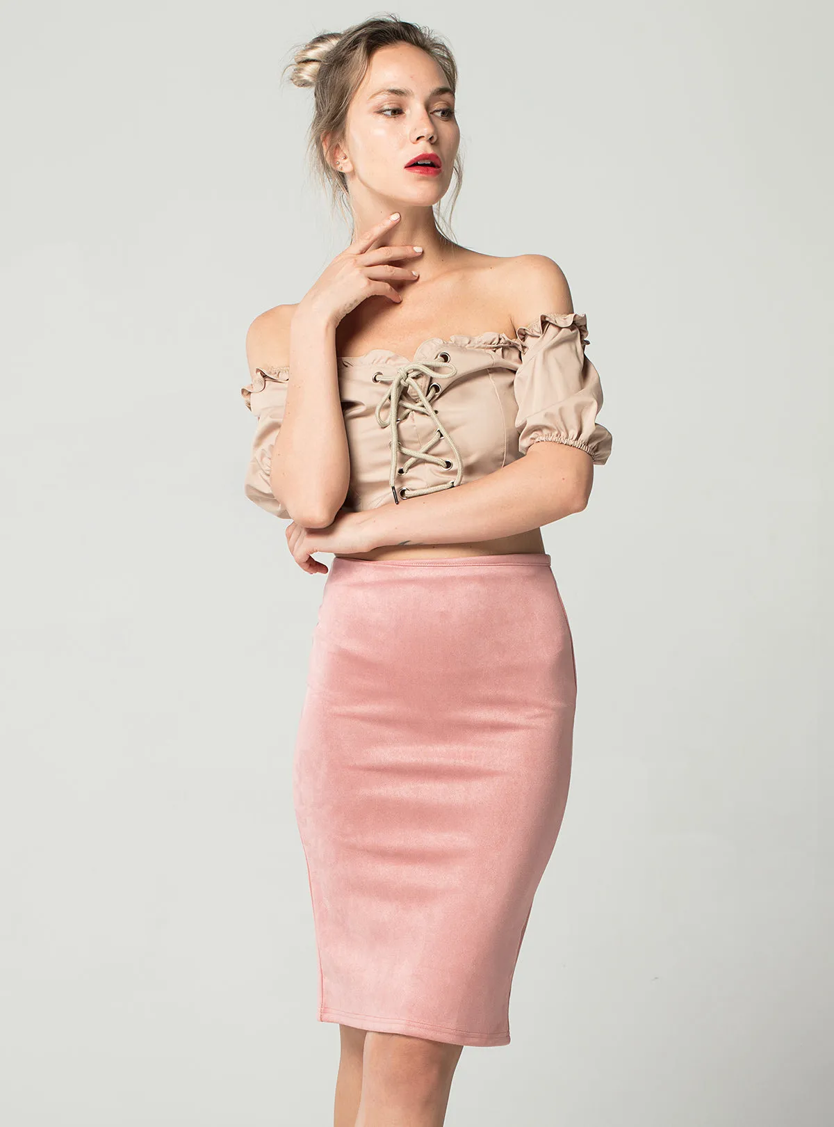 VenusFox High Waist Bodycon Stretchy Vintage Suede Pencil Skirt