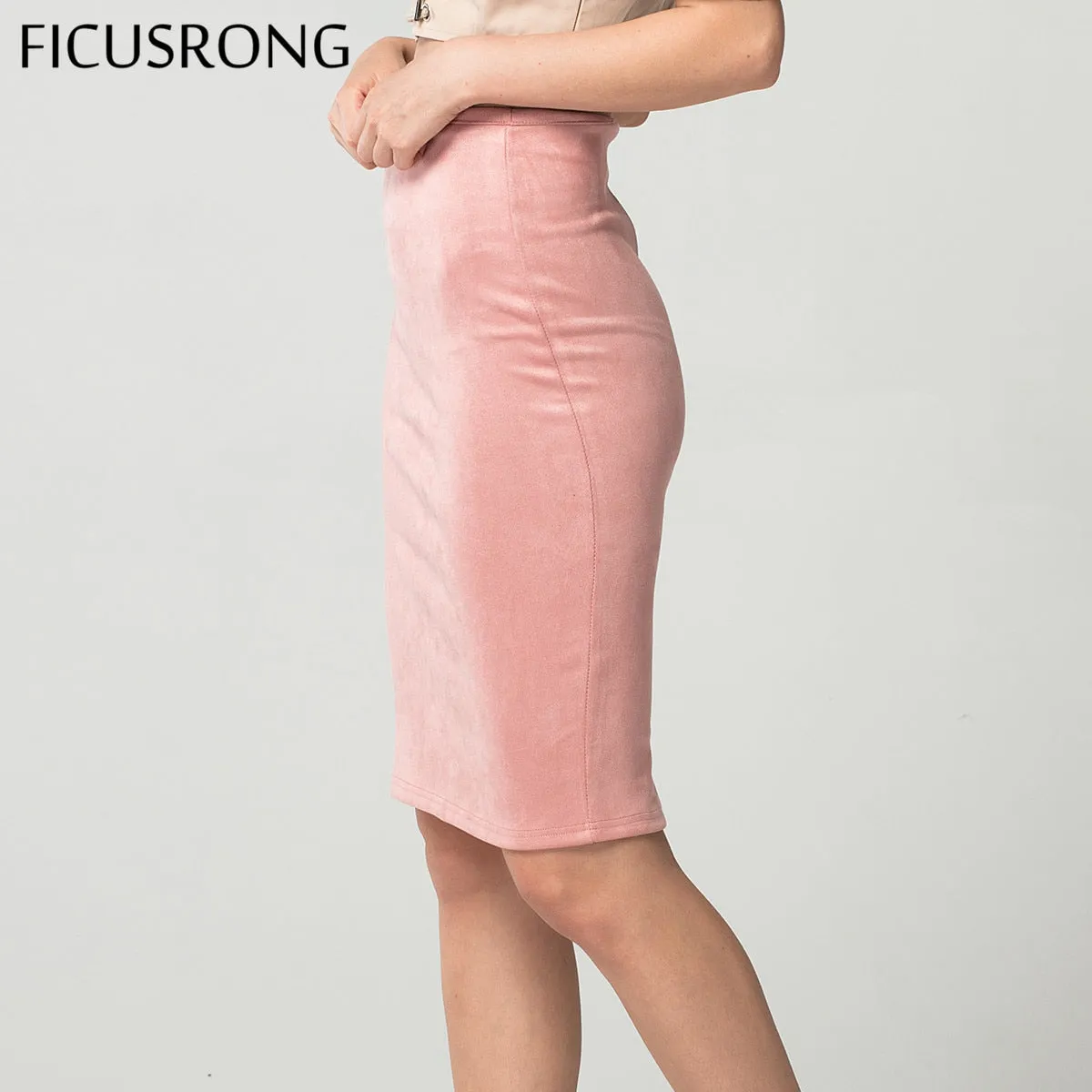 VenusFox High Waist Bodycon Stretchy Vintage Suede Pencil Skirt