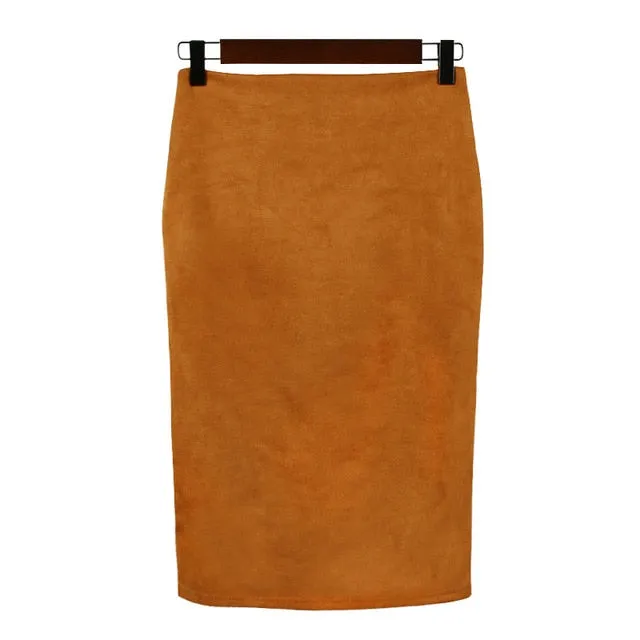 VenusFox High Waist Bodycon Stretchy Vintage Suede Pencil Skirt