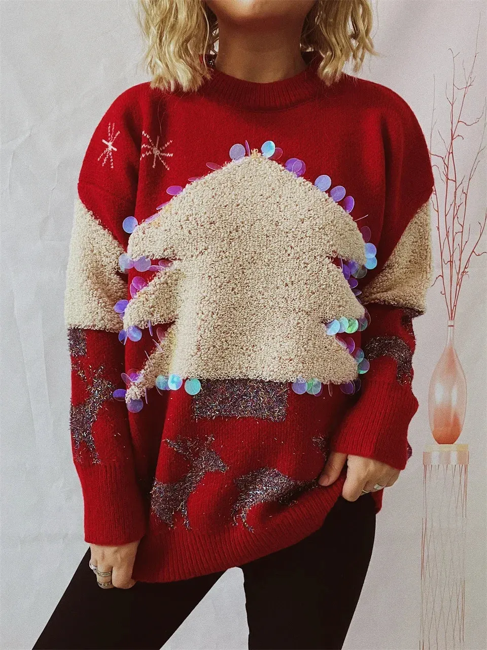 Wenkouban-Christmas Thanksgiving outfits_Handmade Sequins Christmas Tree Little Deer Jacquard Thickened Crew Neck Christmas Sweater