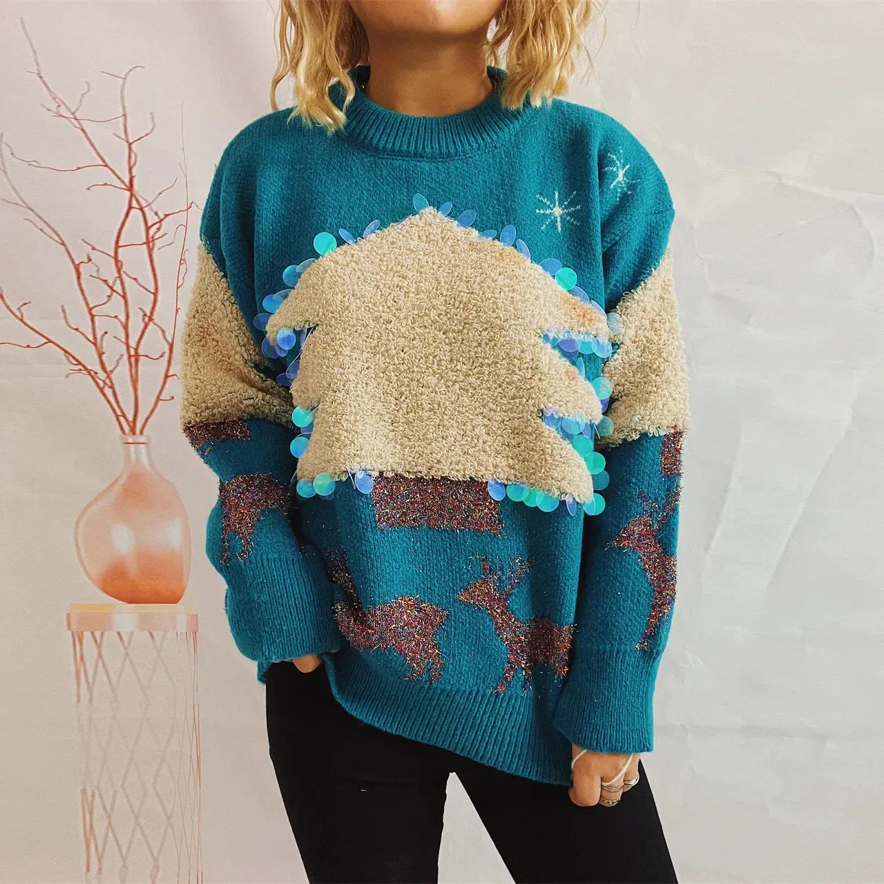 Wenkouban-Christmas Thanksgiving outfits_Handmade Sequins Christmas Tree Little Deer Jacquard Thickened Crew Neck Christmas Sweater