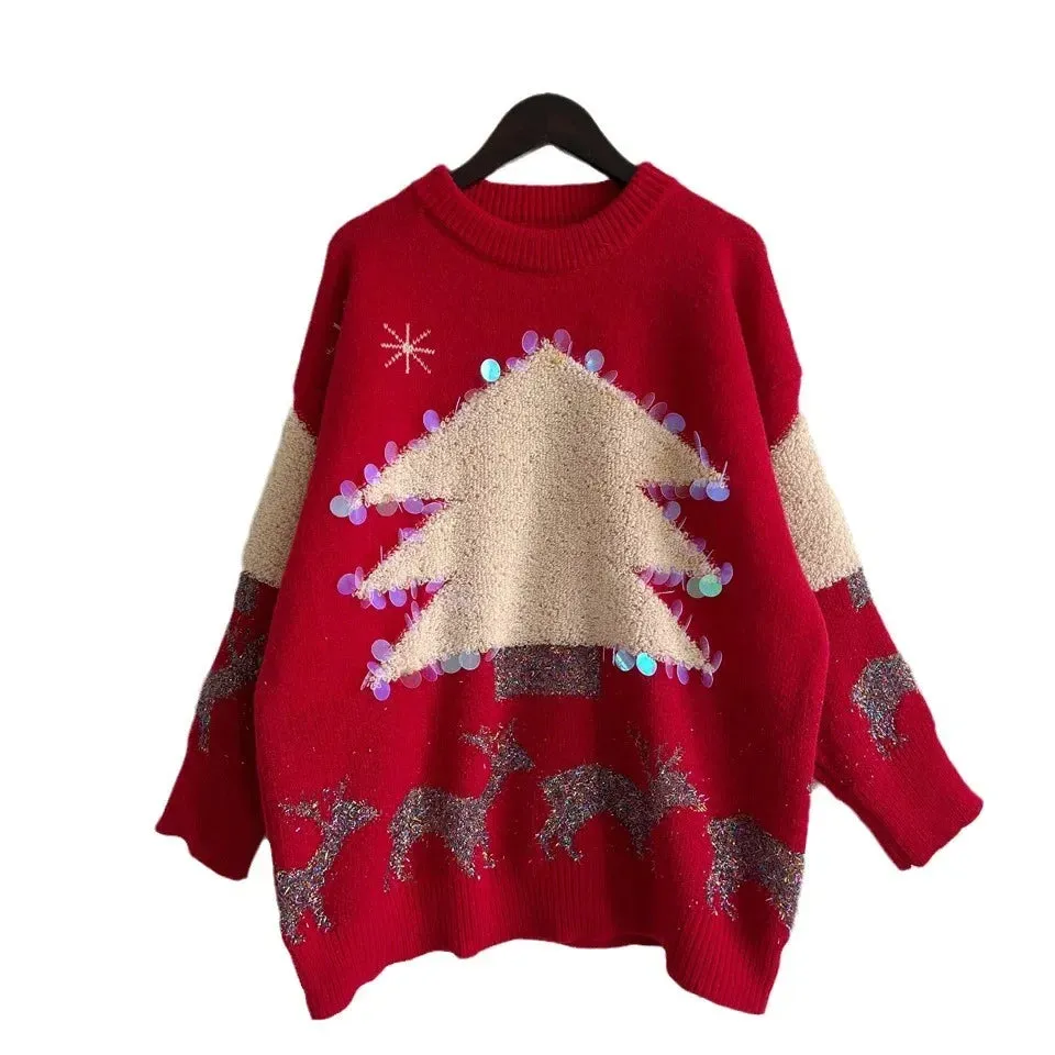 Wenkouban-Christmas Thanksgiving outfits_Handmade Sequins Christmas Tree Little Deer Jacquard Thickened Crew Neck Christmas Sweater