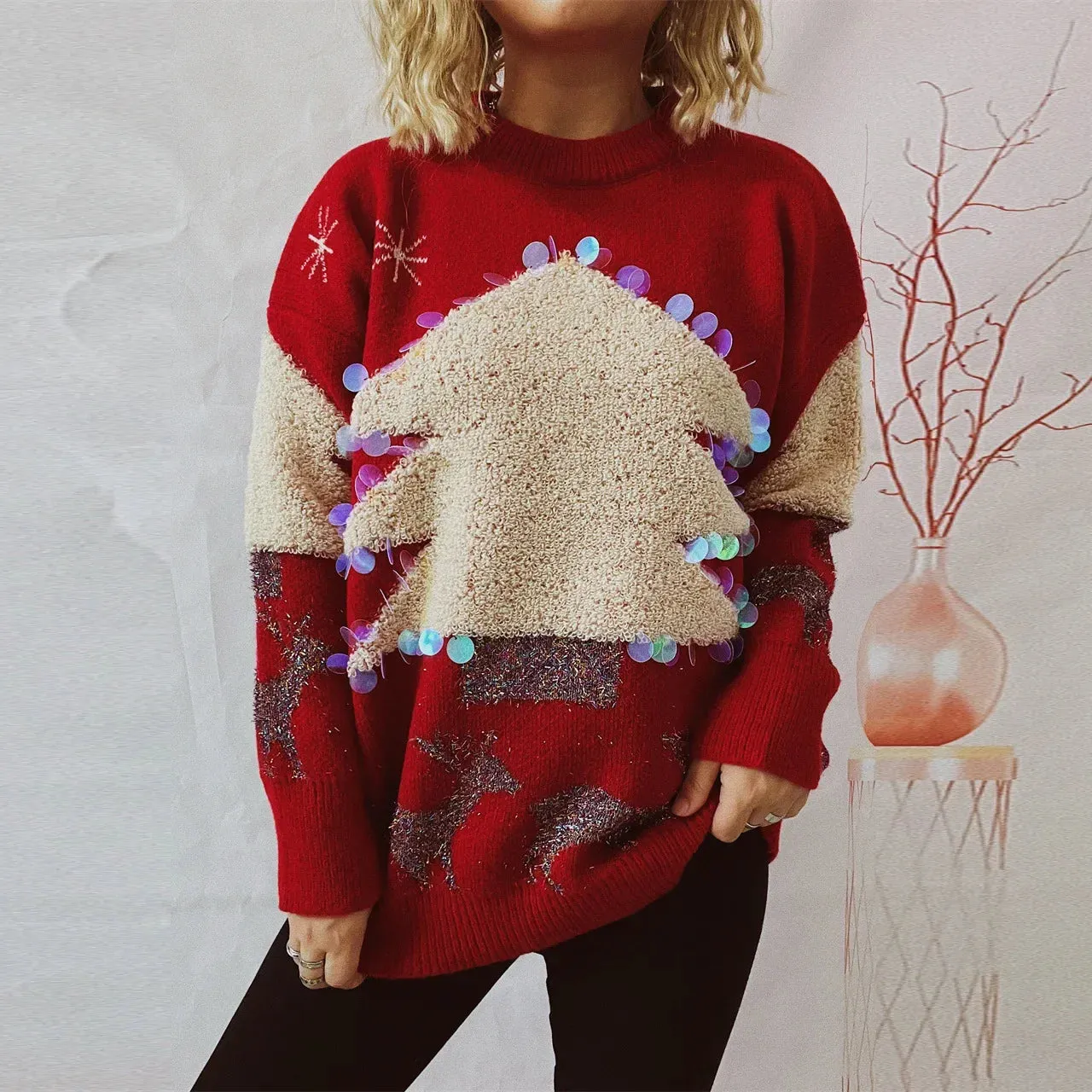 Wenkouban-Christmas Thanksgiving outfits_Handmade Sequins Christmas Tree Little Deer Jacquard Thickened Crew Neck Christmas Sweater