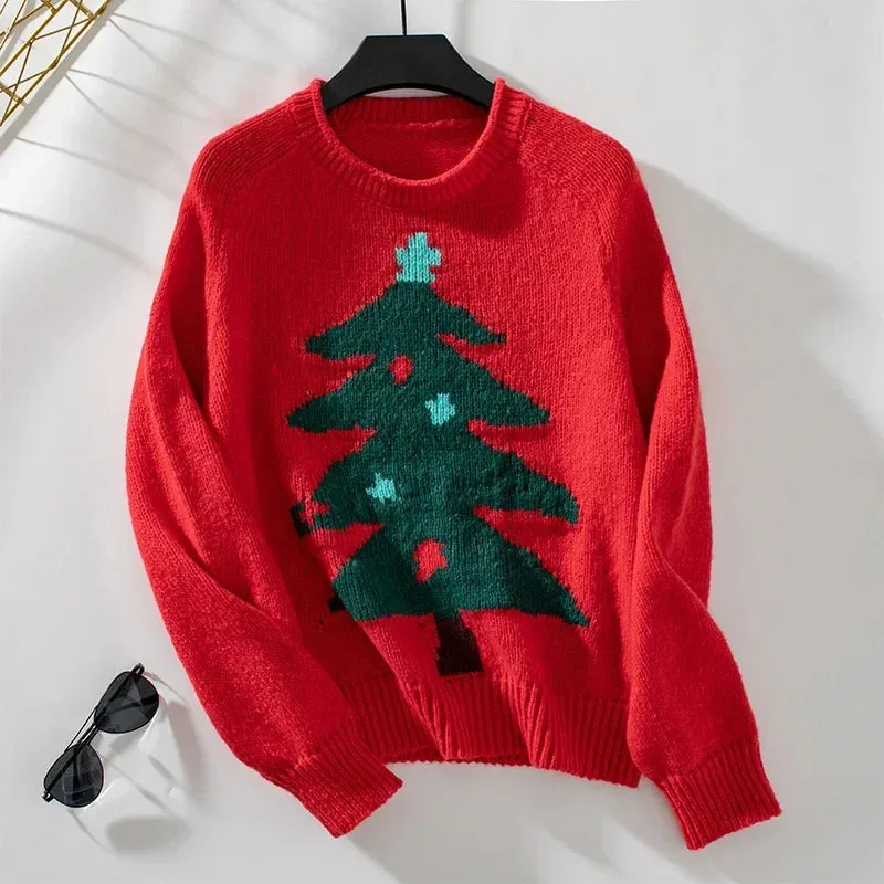 Wenkouban-Christmas Thanksgiving outfits_Knitted Autumn Winter Christmas Tree Pattern Long Sleeve Oversized Christmas Sweater