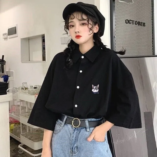 Yeknu Blouses Women Japan Style Harajuku Simple Short Sleeve Summer Womens Chic Tops Retro All-match Pockets Trendy Girls Shirts New