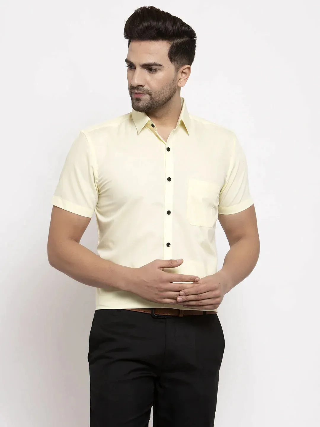 Yellow Men'S Cotton Half Sleeves Solid Formal Shirts