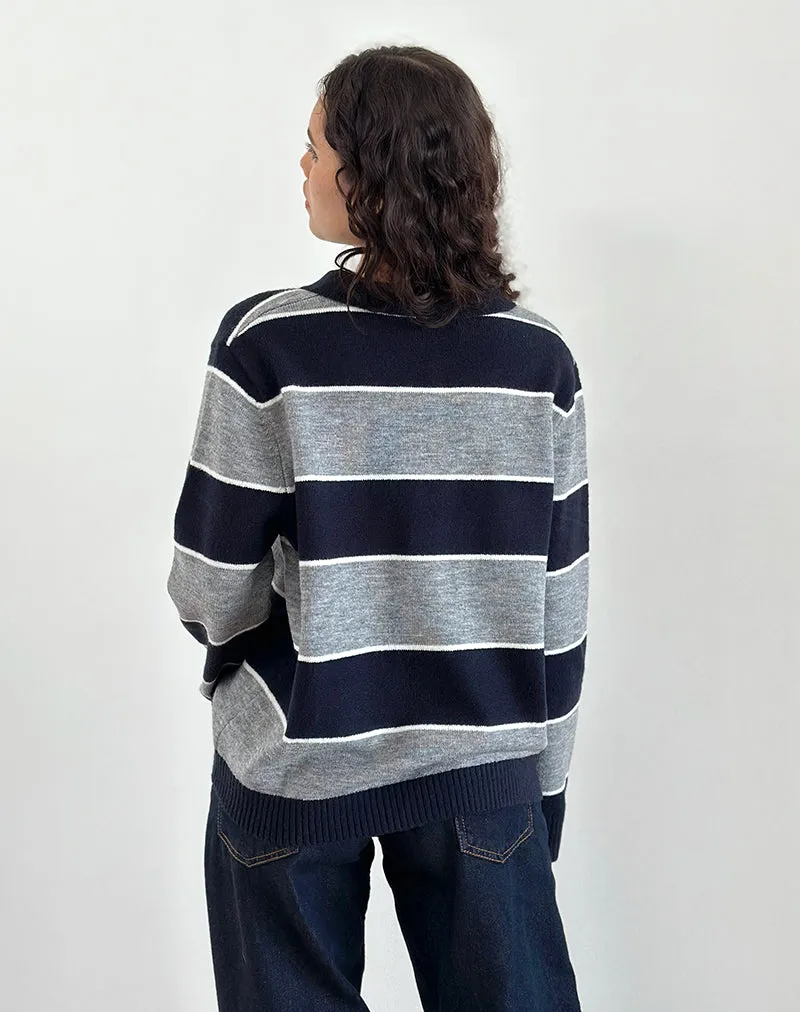 Yusnada Oversized Rugby Jumper in Navy and Grey Stripe